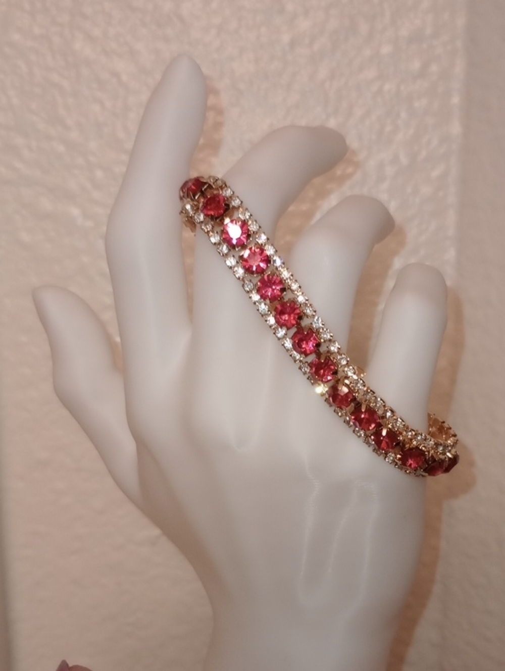 Gold Tone Pink Crystal Tennis Bracelet